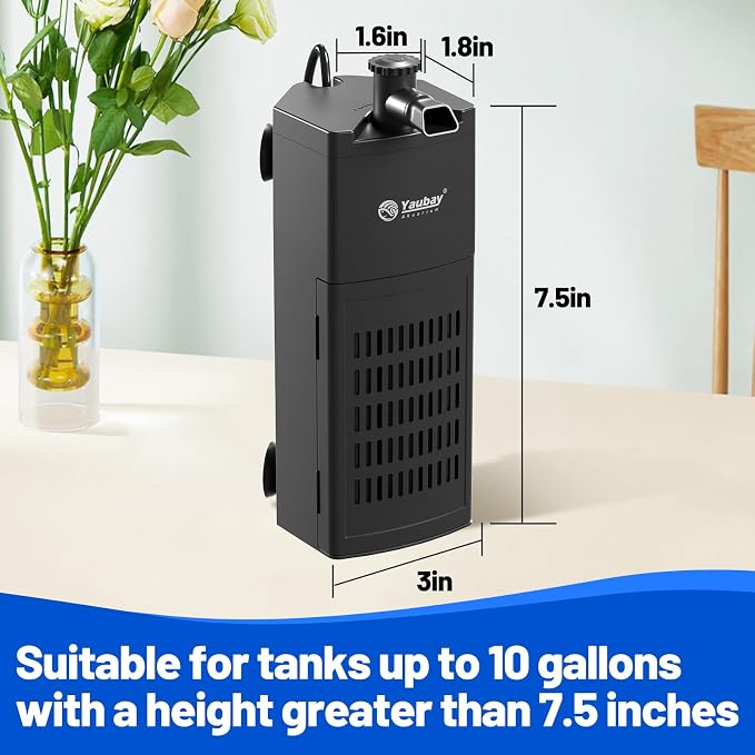 Yaubay Aquarium Filter for Up to 10 Gallons, Corner Fish Tank Filters | 3-Stage Filtration Trio, Adjustable Water Flow, Super Quiet, 80GPH, 4W