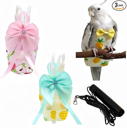 2 Pcs Bird Diapers Bird Harness Flight Suits Diapers with 80in Flying Leash Reusable Parrot Nappy with Waterproof Inner Layer for Cockatiel Budgie Conure Parakeet Lovebird-Pineapple&Peach