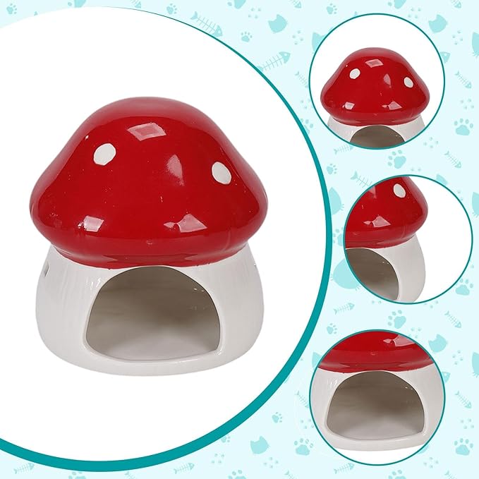 Ceramic Hamster House Hideaway House Outdoor Cute Mushroom Shaped Cave Guinea Pig Hideout for Small Pets Chipmunk Gerbils, Red