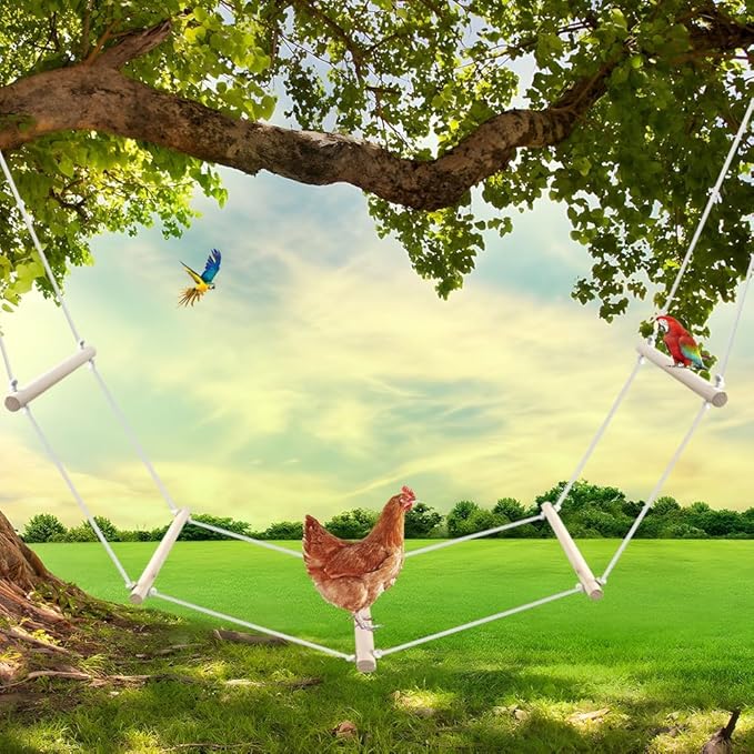 2 PCS Chicken Swing Set for Coops - Large Soft Rope Ladder & Wooden Perch Ladder, Boredom Buster Toys for Hens, Parrots, Poultry Accessories