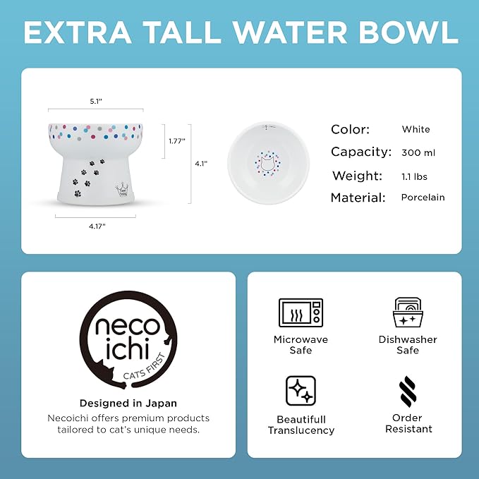 Necoichi Elevated Cat Water Bowl – Ceramic Raised Cat Bowl, Prevents Neck & Whisker Fatigue – Dishwasher & Microwave Safe – Pet Water Bowl for Cats (Colorful Dots, Extra Tall)