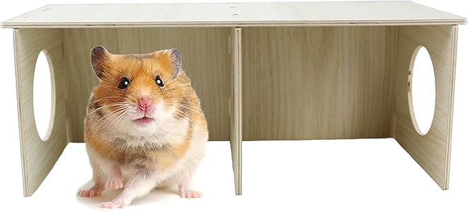 Amonk Wooden Hamster Secret Peep Shed 14x5.5x6in Large 2-Chamber Hideout & Tunnel Exploring Toys for Hamsters Guinea Pigs Pigs and Other Small Animals