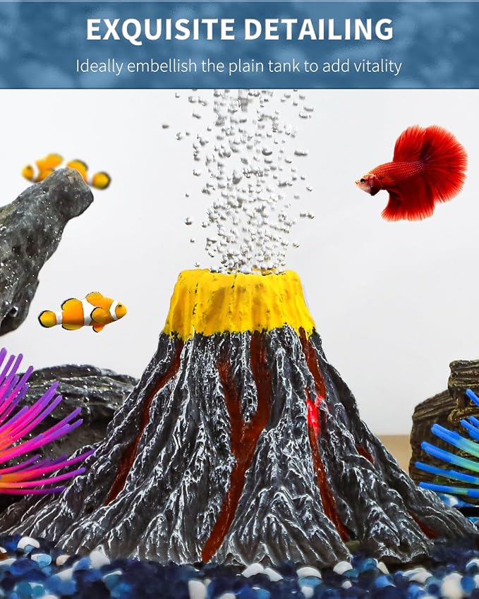 Uniclife Aquarium Volcano Ornament Kit with Air Stone Bubbler Fish Tank Decorations