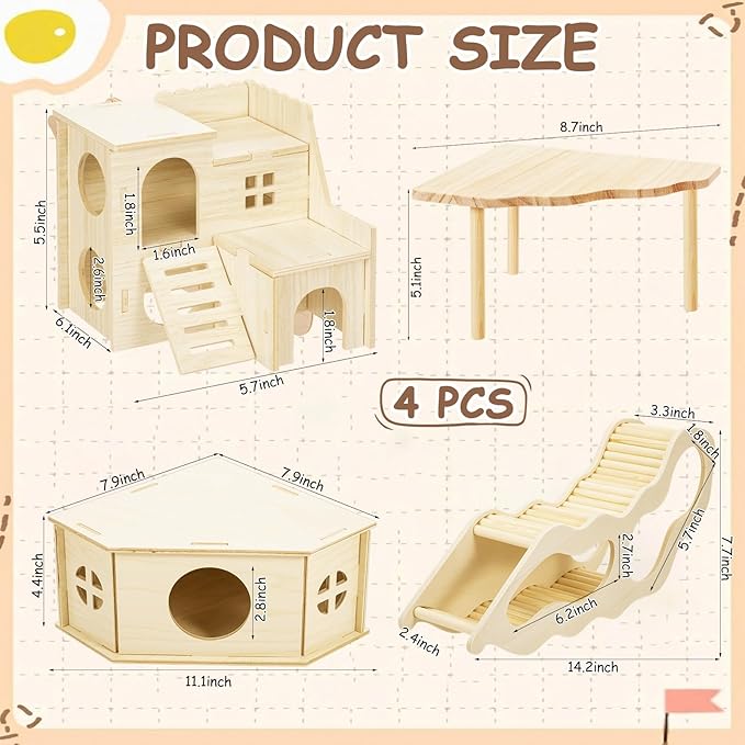BreezeHug 4 Pcs Hamster Platform Hideout Wooden Tunnel Ladder Playhouse Hamster Game Climbing Toy with Platform Cage Accessories for Pets Dwarf Syrian Mice Degus Gerbils Squirrel(Spy Villa)