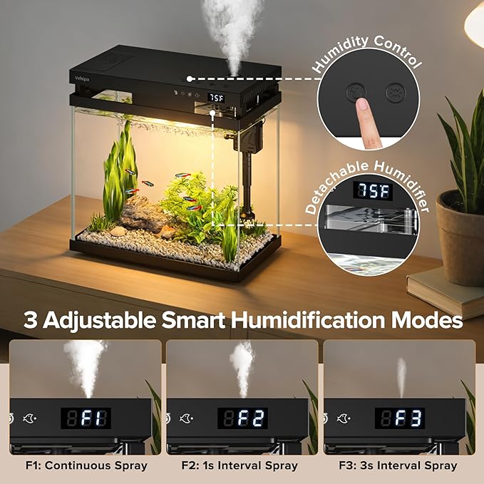 Vehipa Fish Tank, 2.2 Gallon Smart Aquarium, Small Fish Aquarium Kits with Smart Humidifier, Auto Feeder, Silent Water Pump, Temperature Display & 7-Color Lighting, for Office & Home - Black