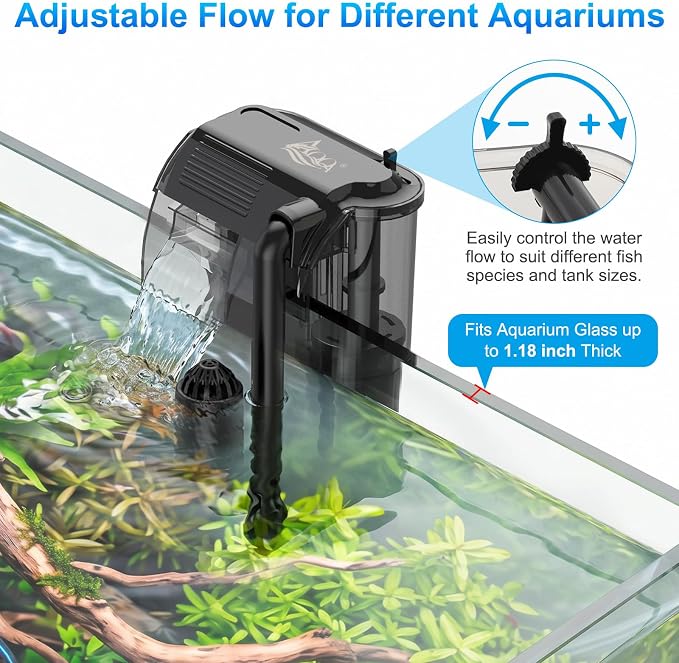 AQQA Aquarium Hang on Back Filter Whisper Fish Tank HOB Filter | Adjustable Flow, Multi-Stage Filtration with Surface Skimmer & Sponge Guard for Small Fish Tanks 4-21 Gallon (3W, 80GPH)
