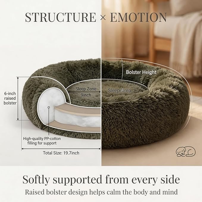 Calming Donut Dogs Beds for Small Dogs Washable,19inch Fluffy Round Puppy Bed for Puppies,Cats & Toy Breeds with Raised Rim,Fits up to 15 lbs Pets,Army Green