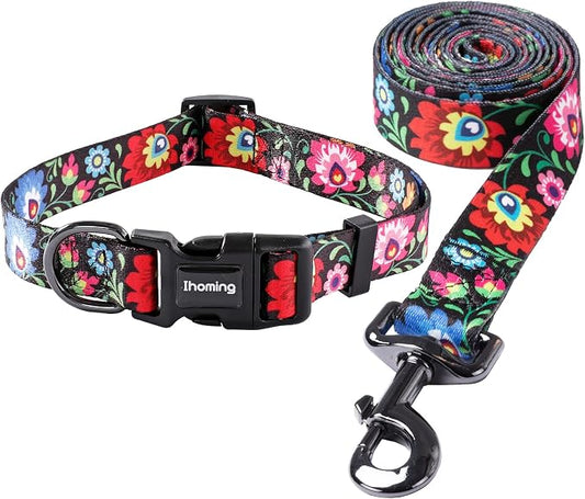 Ihoming Dog Collar and Leash Set for Daily Outdoor Walking Running Training, Black Colorful Flowers Design for Large Boys Girls Dogs Cats Pets, L-Up to 80LBS