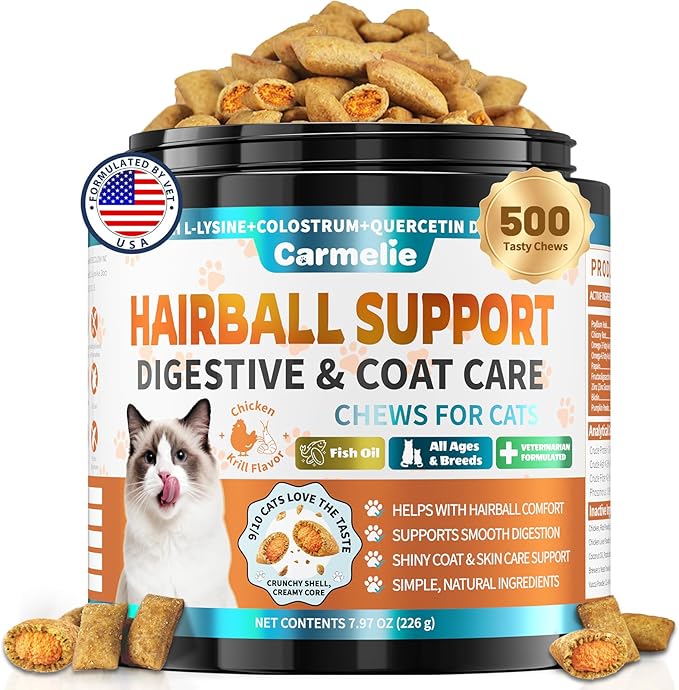 Hairball Treatment for Cats – 500 Crunchy & Creamy Hairball Treats for Cats – Indoor Feline Digestion Formula for Hairball Control, Cat Hairball Remedy & Digestive Support, Chicken & Krill Flavor