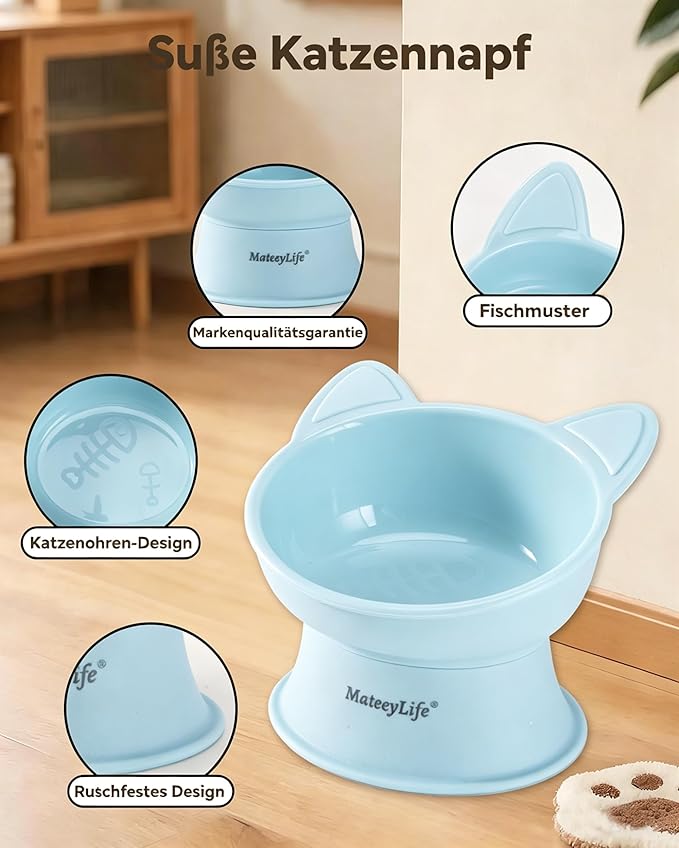 MateeyLife Elevated Cat Bowls, 2P Raised Food and Water Bowl Set for Indoor Cats & Small Dogs, Whisker Fatigue Cat Bowl, Anti Vomit Feeding Pet Bowls, 6 oz Each, Dishwasher Safe - Blue & Yellow