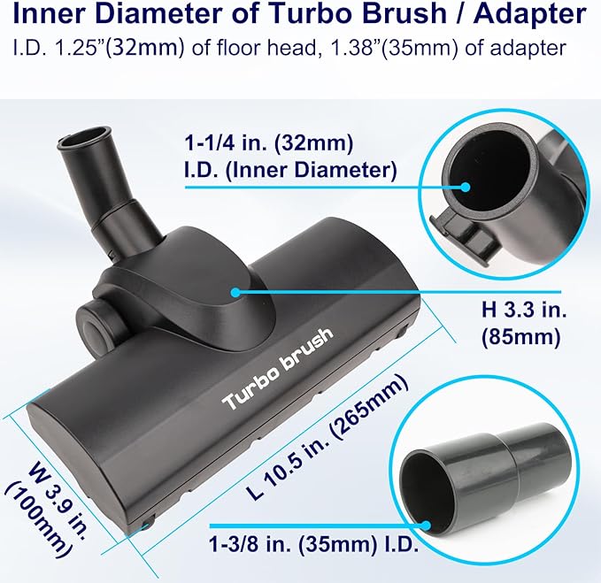 Portek Turbo Brush Head for 1-1/4" and 1-3/8" Vacuum Cleaners, Air-Driven Floor Nozzle Attachment with Adapter and Cleaning Tool for Pet Hair Removal on Carpets and Hard Floors