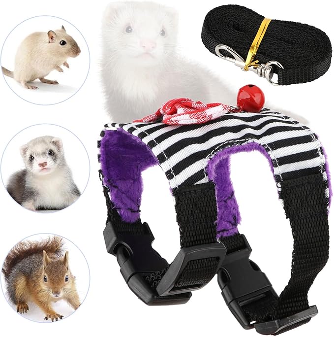 Small Pet Harness Vest and Leash Set with Bowknot and Bell Decor for Gerbil Guinea Pig Squirrel Kitten Outdoor Walking (S, Black Stripe)