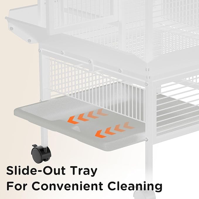 60 Inch Wrought Iron Large Bird Cage with Rolling Stand, Metal Parrot Cage with Play Top & 4 Stainless Steel Bowls for African Grey Cockatiel Sun Parakeet Green Cheek Conure Lovebird Budgie, White