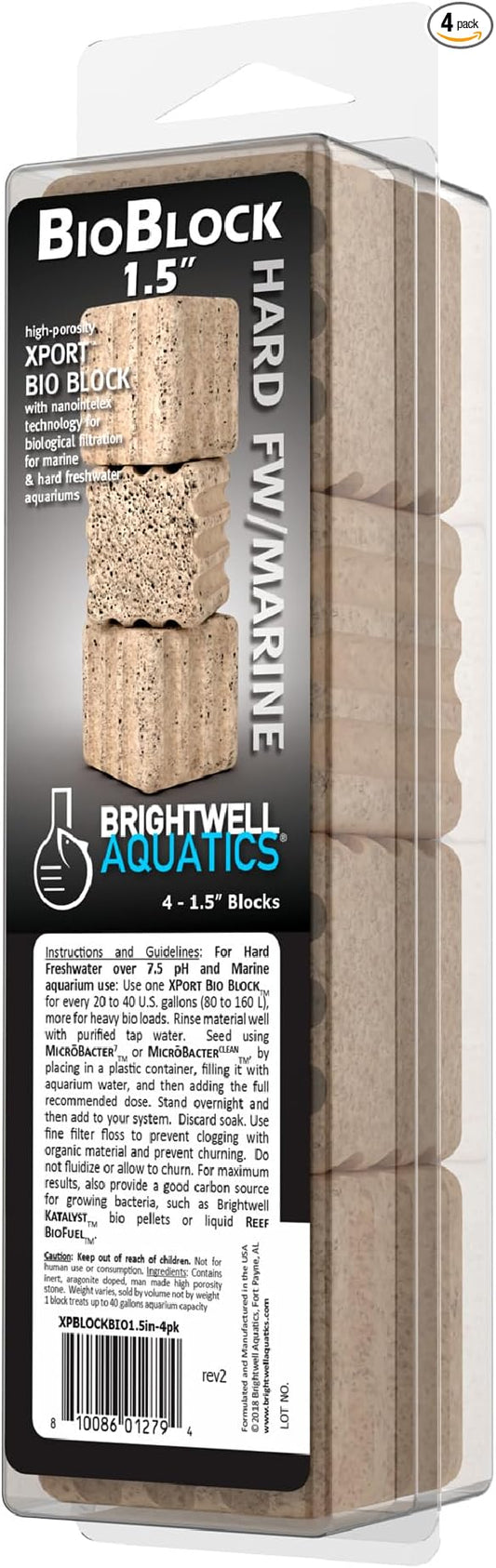 Brightwell Aquatics - Xport-BIO Block Aquarium Filter - Biological Filtration Media for Bacteria Growth, Nutrient Control & Control of Unwanted Nutrients - Aquarium Water Treatments, 4 Pack, 1.5 inch