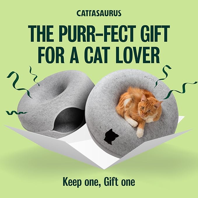 Cattasaurus Peekaboo Cat Cave Donut for Multiple & Large Cats up to 30-45 lbs, 3-in-1 Self Warming Cat Bed, Tunnel & Scratcher for Indoor Cats, Washable & Detachable (Light Gray + Light Gray, Large)