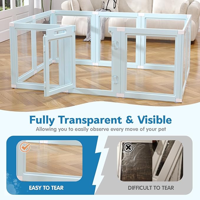 DIY Clear Acrylic Dog Playpen Indoor, Transparent Easy Cleansing Puppy Fence with Suction Cup, Easy-Assemble Indoor Whelping Crate for Small Puppies (23.6" H, 10PCS), Blue