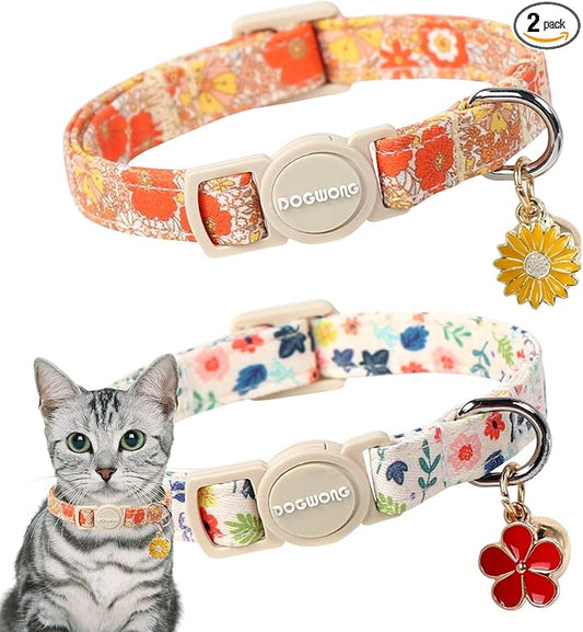2 Pack Flower Cat Collars Breakaway with Bell, DOGWONG Safety Buckle Rose Floral Cute Cat Collar for Girl Boy Cats，Adjustable 7-12 Inch