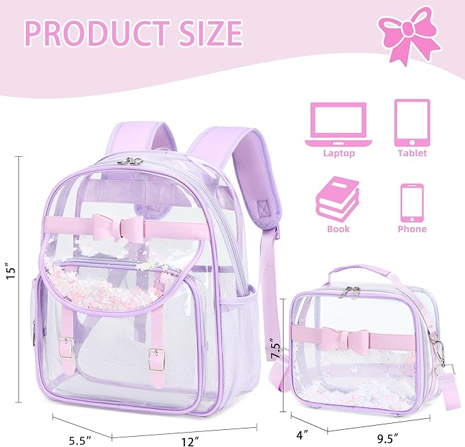 Clear Backpack for Girls and Boys 2PCS Heavy Duty Bookbag Stadium Approved Daypack Transparent School Bag See Through Backpacks for Kids Elementary,Students,College,Teens,Concert,Sports Purple set