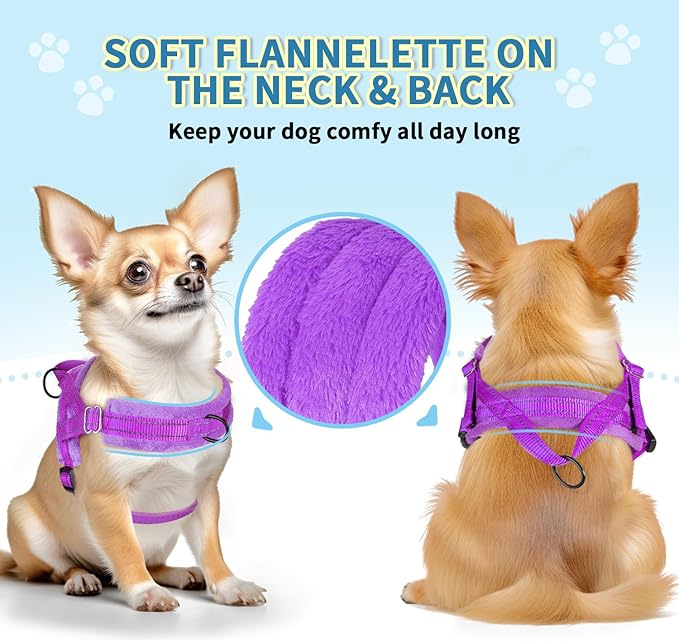 Lukovee No Pull Dog Harness and Leash Set, Soft Padded Small Dog Harness, Neck & Chest Adjustable Reflective Vest Puppy Harness with 4ft Lightweight Anti-Twist Dog Leash for Small Dogs (Purple, L)