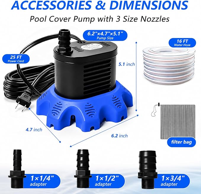 Pool Cover Pump Above Ground, 850 GPH Submersible Sump Pump for Pool Drain | 16FT Drain Hose, 25FT Power Cord, 3 Adapters, Safety and Sturdy, Powerful Water Removal for Pool Cover and Above Ground Pool