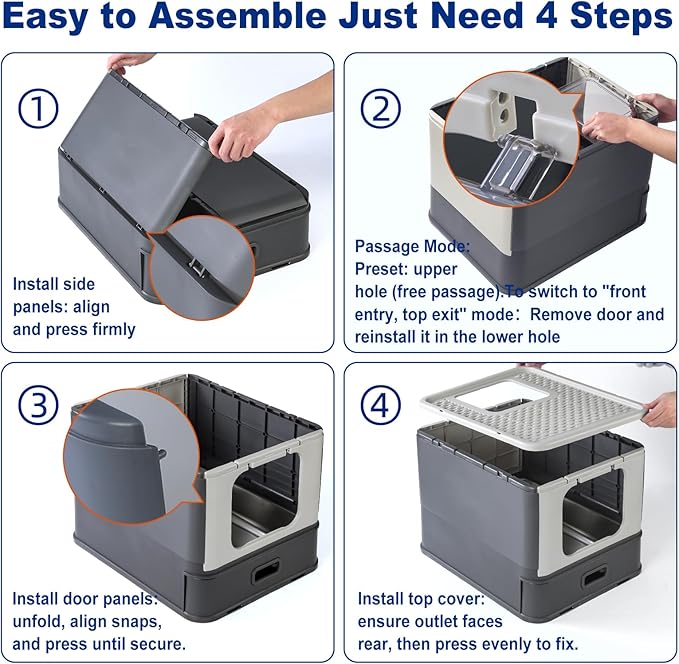 Marchul Stainless Steel Cat Litter Box with Lid & Drawer, Adjustable Front Entry Top Exit Kitty Box, Large Metal Covered Litter Box with Scoop & Litter Mat, Dark Gray