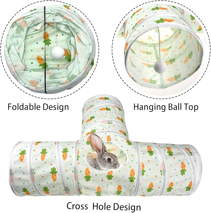 Bunny Rabbit Tunnels Rabbit Cat 3 Way Collapsible Tunnel with Cute Carrot Patterns Small Pet Hideout Activity Tunnel Tube Toy for Bunny Kitten Cat Dwarf Guinea Pig T Shape