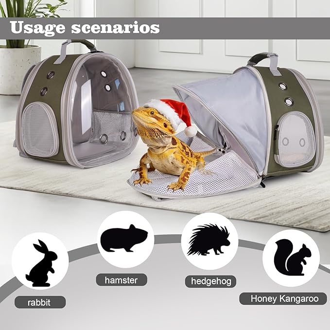 WEVONIGU Expandable Small Animal Backpack Carrier with Clear Bubble Window Large Space Travel Cage for Hedgehog Rat Parrot,Bearded Dragon,Sugar Glider,Airline Approved (Army Green, BE Backpack)
