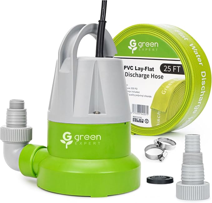 Green Expert 1/2 HP Submersible Utility Pump Kit with 25 ft x 1.5 in Lay-Flat Discharge Hose, 2500 GPH Manual Plug-in Household Water Removal, Last-Inch Drainage for Basement Pool Hot Tub