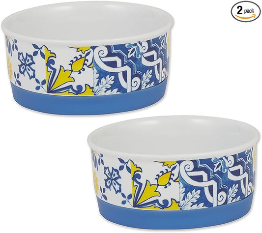 Bone Dry Ceramic Food & Water Bowls for Pets Non-Slip for Secure, Less Messy Feeding, Microwave & Dishwasher Safe, Small Set, 4.25x2, Azulejos Tile, 2 Count