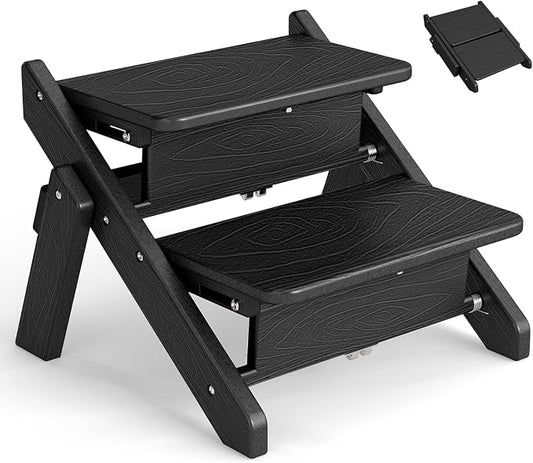 Dog Stairs and Steps, HDPE Plastic Wood Grain, 2-in-1 Foldable Pet Ramp for Small and Medium Dogs and Cats, for Bed Couch and Car, No Assembly Required, Supports Up to 150lbs, Black