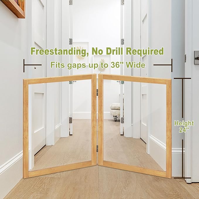 LZRS Clear Dog Gate for Indoor Use - Transparent Pet Fence with Solid Hardwood and Plastic Board, Stylish & Durable freestanding Pet Gate for Doorways, Stairs and Hallways-2 Panel Natural