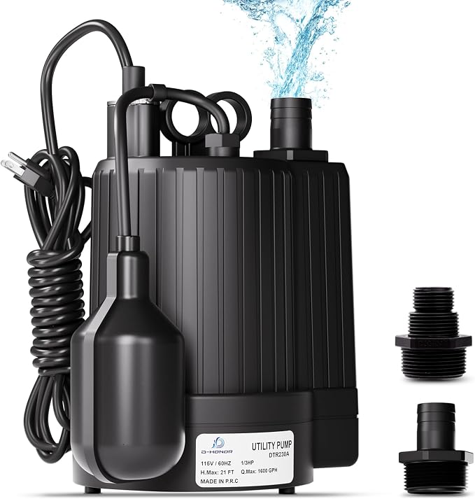 D-HONOR Sump Pump, Submersible Water Pump 1/3 HP 1600 GPH with Float Switch | Automatic Utility Pump for Pool, Pond, Garden, Flooded Basement, Aquarium, and Irrigation, with 10 Ft Power Cord