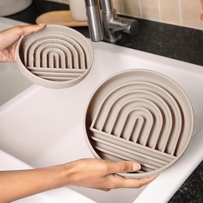 Should We Go? Slow Feeder for Dogs & Cats, The Slowdown Bowl Silicone Slow Eating, Modern Lick Mat Design, Reduces Gulping, Fits 2 Cups, 7.5” Across x 1.5” Tall, Mealtime Challenge, Medium-Sand