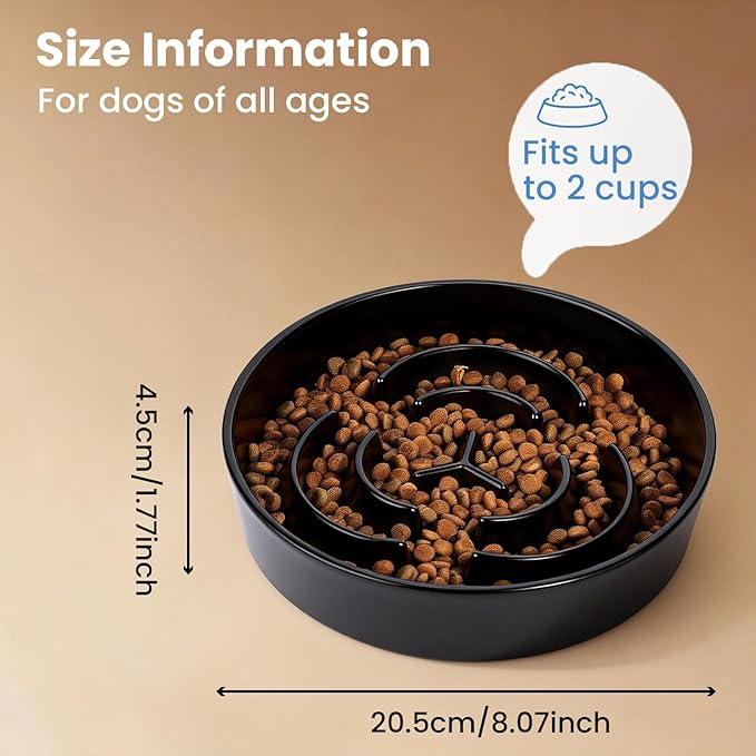 Ceramic Slow Feeder Dog Bowls,2.0 Cups Slow Feeder for Medium Breed,Puzzle Dog Food Bowl to Slow Down Eating, Anti-Gulping, Stop Bloat,Preventing Choking,8in,Black