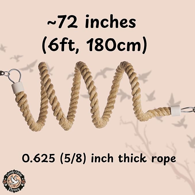 Boing Rope Perch for Parrots, Bendable Natural Sisal Spiral Hanging Bungee Perch with Stainless Steel Mount, Cotton Alternative Cage Accessory, Perch for Cockatiels, Parakeets, Doves, Budgies (6 ft)