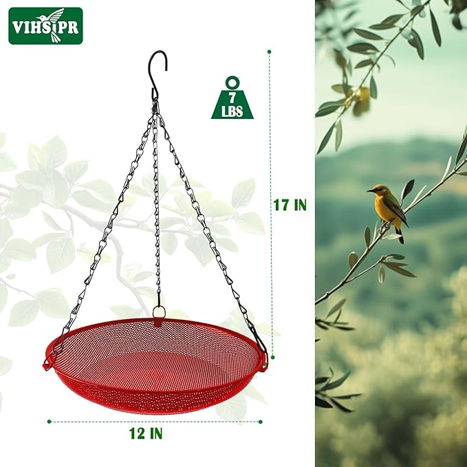 Hanging Bird Feeder for Outdoors – 12 in Platform Bird Feeder, Metal Mesh Seed Tray for Wild Birds, Red