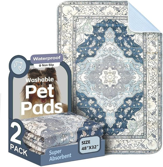 Washable Pee Pads for Dogs, 2 Pack Reusable Puppy Training Pads 48"x32" Super Absorbent Waterproof Dog Training Pads, Non-Slip Potty Pads, Whelping Pads Litter Mat Navy & Ecru
