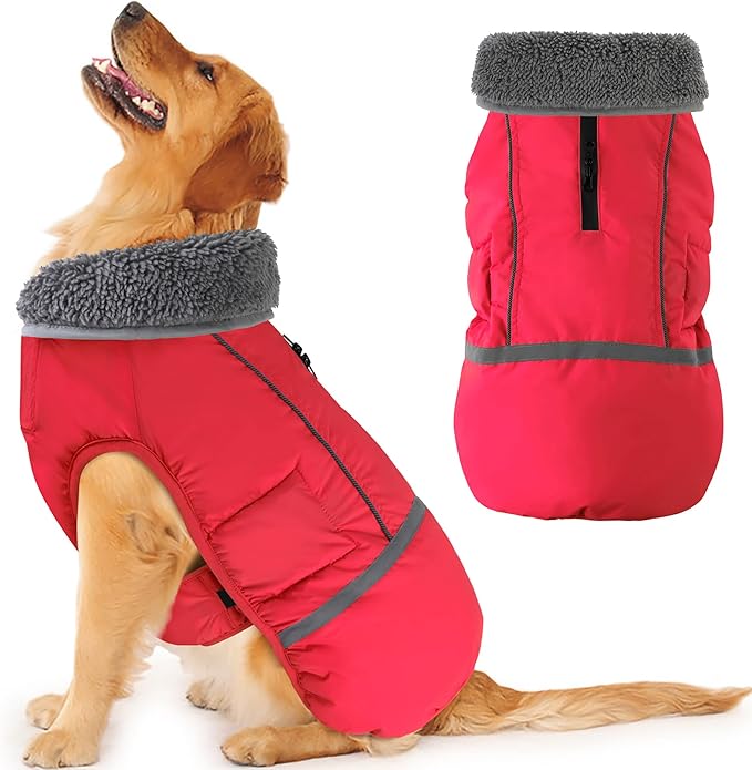 Dogcheer Warm Dog Coat, Christmas Dog Jacket Waterproof Puppy Winter Coat with Buckles, Reflective Adjustable Pet Snow Jacket Turtleneck Fleece Sweater for Small Medium Large Dogs - Red, M