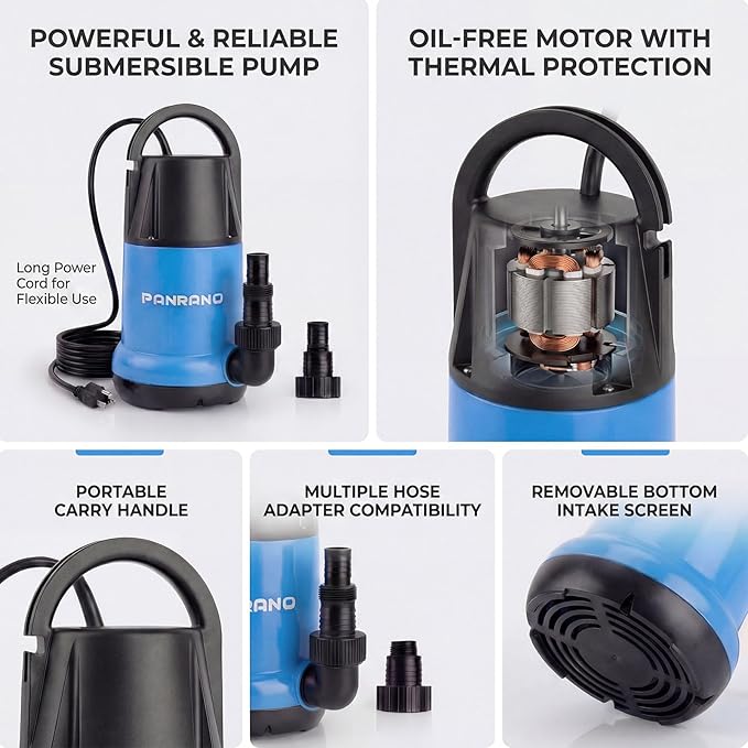 Sump Pump 1HP Submersible Clean Dirty Water Pump 3700GPH Portable Draining Pumps for Pool Hot Tubs Basement Water Transfer, Light Blue