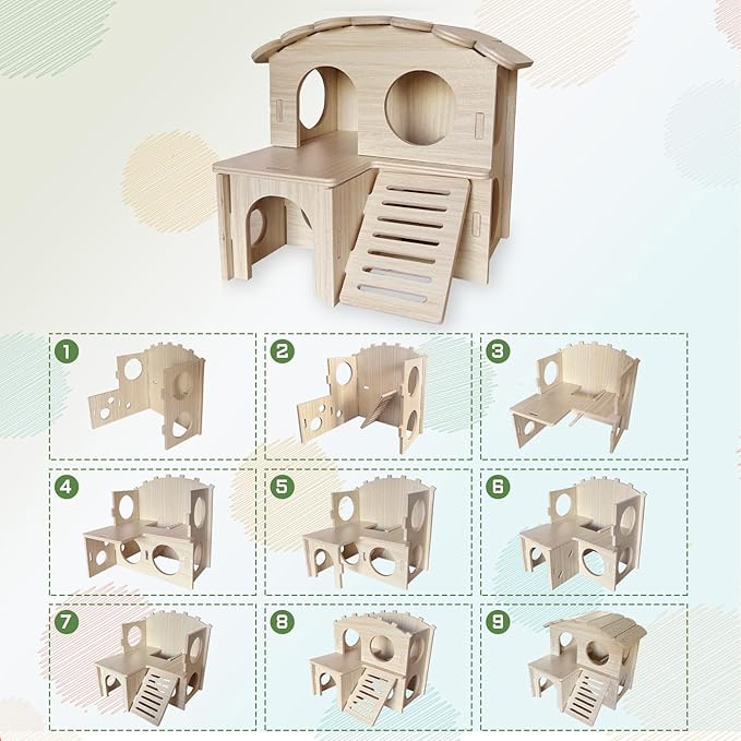 Wood Hamster House, Fun Tiny Hamsters Hideout, Detachable Double-Decker Hut for Dwarf Gerbil Mouse Mice Rat Small Animals(Only for Small Hamster)