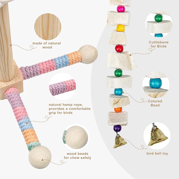 2 Pack Bird Toys Spinning Parrot Perch & 8pcs Cuttlebone String, Bird Cage Accessories for Parakeets Budgies Cockatiels