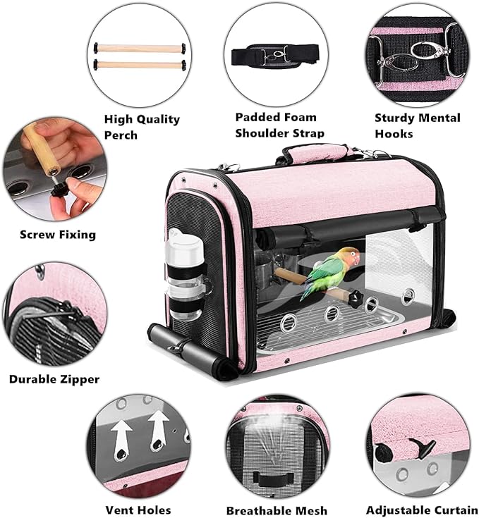 Bird Carrier Bag Bird Travel Cage with Stand, Lightweight Backpack for Parrot, Portable Bird Travel Bag, Pet Transparent Breathable Travel Cage, Pink