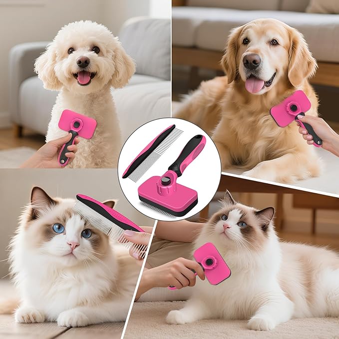2PCS Self Cleaning Slicker Brush & Dog Comb - Skin Friendly Deshedding Grooming Tool for Dogs, Cats and Small Animals, Professional Deshedding Dematting Tool for Long and Short Haired Pets (Red)