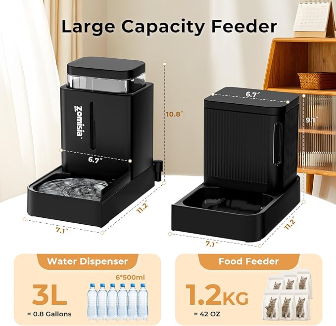 ZOMISIA Automatic Cat Feeder and Water Dispenser Set, 2 in 1 Gravity Cat Food Dispenser with 180 Degree Rotatable, Pet Self Feeding Large Capacity for Small Dogs Puppy Kitten, Black, 0.8 Gallon x 2
