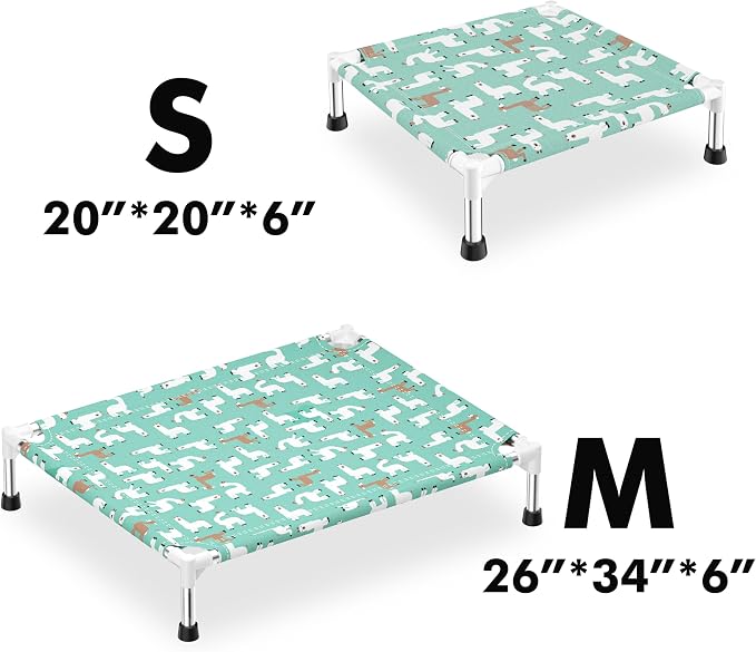 Cute Alpaca Print Elevated Dog Bed - Portable Cooling Pet Cot for Medium Dogs - Breathable Thickened Fabric Hammock, Crate Compatible, Indoor & Outdoor Use