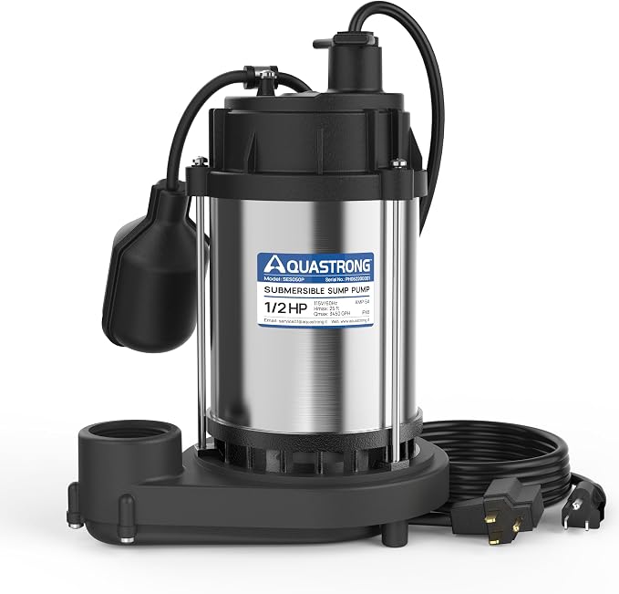 AQUASTRONG 1/2HP Sump Pump, 3450 GPH Submersible Pump, 1-1/2" NPT Discharge | Stainless Steel and Cast Iron Sump Pump, Automatic Integrated Float Switch with Piggy-back Plug for Basement