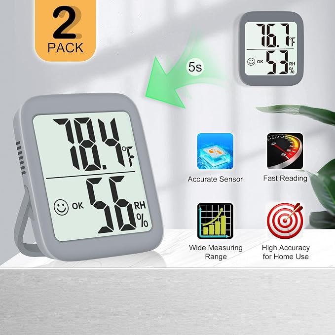 2 Pack Room Thermometer Indoor Hygrometer | Monitor Temperature & Humidity, Accurate, Fast Read, Easy To View, Magnetic/Kickstand/Hanging, ℉/℃, w/ Battery, Compact