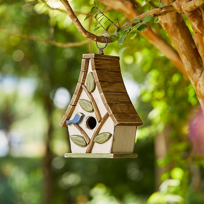 Glitzhome Bluebird House for Outside, 9.5" H Distressed Hanging Birdhouse Solid Wood Bird Houses for Outdoor, Decorative Birdhouse with Natural Wood Pallet Roof and 3D Tree for Garden,Washed White