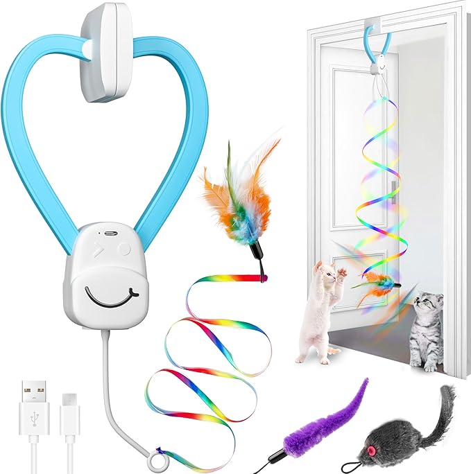 Interactive Cat Toys for Indoor Cats: Automatic Door Hanging Toy with Feather Wand, Quiet Self Play Chase Exercise Enrichment for Bored Kittens, Adult, Multi Cat Households, Type-C Durable Safe Toy