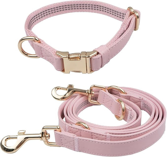Leather Dog Collar and Leash Set 7FT Reflective at Night - Soft and Easy to Clean Vegan Leather with Gold Metal Buckle for Small Medium Large Dogs (L, Pink)